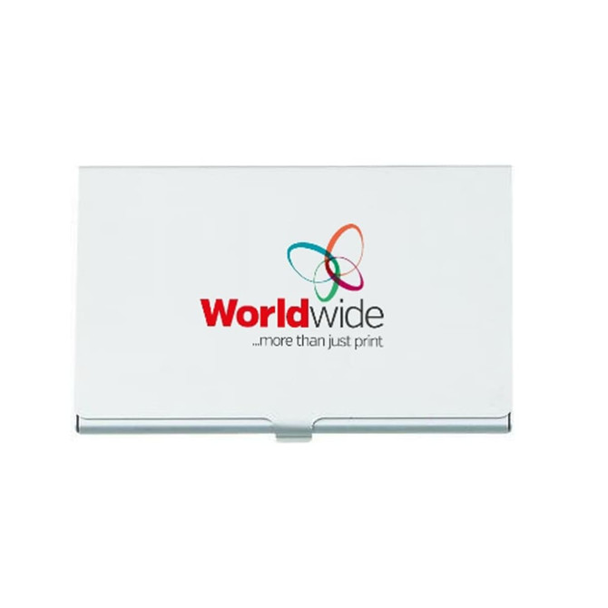 A sleek silver Aluminium Business Card Holder with a logo on the front.