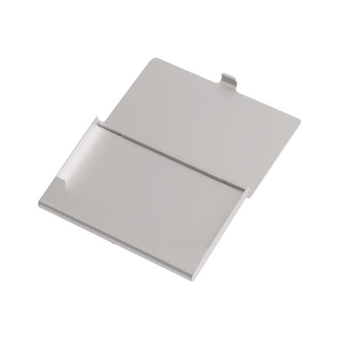 A silver aluminium business card holder with a sleek, slim design and a single compartment for cards.