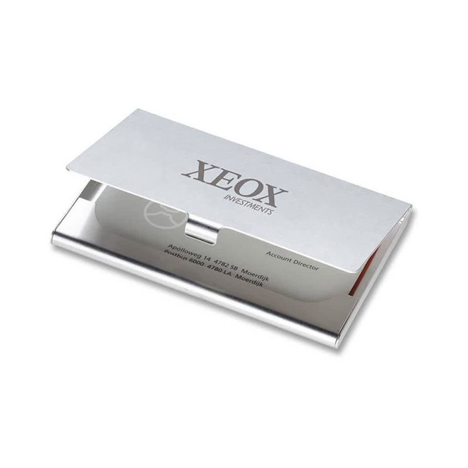 A silver aluminium business card holder with a sleek design and a logo on the front.