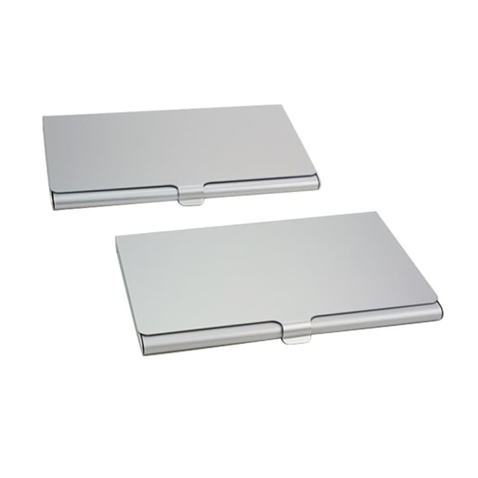 A metallic silver aluminium business card holder with a sleek design, featuring two holders in the image.