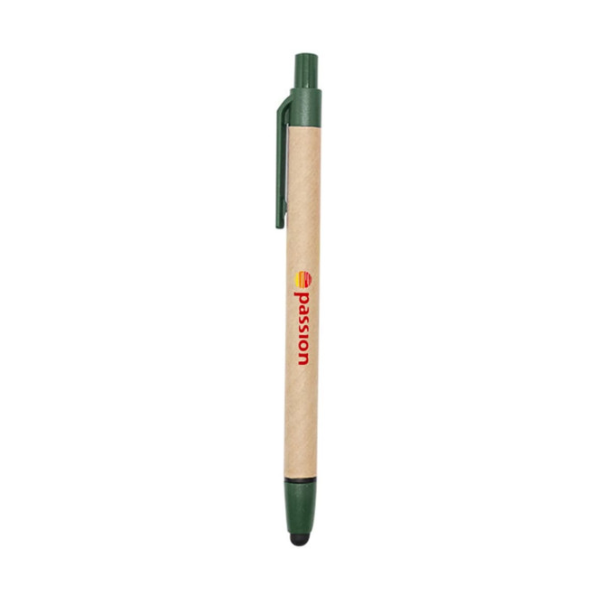 A stylus pen with a green top and a natural wood barrel, featuring a branding logo.
