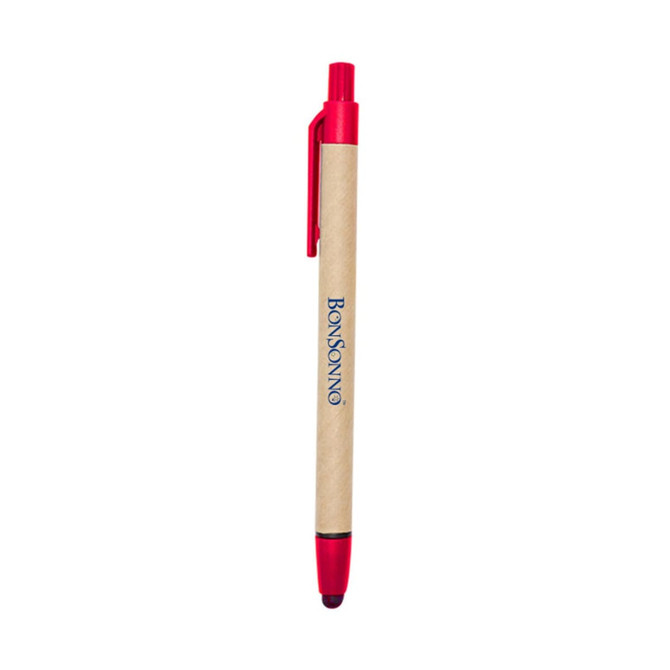 A stylus pen in red and natural paper design, featuring a clip and a logo.