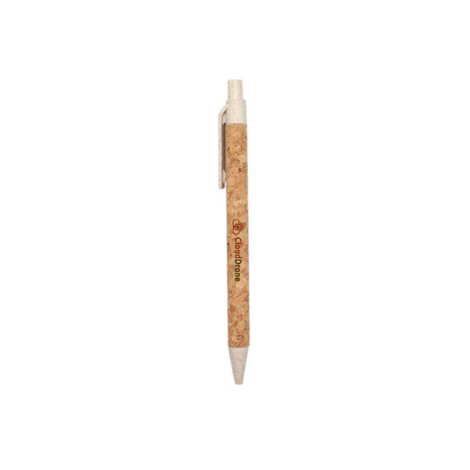 A cork pen with a natural finish and white tip, featuring a branding logo on the side. A cork pen with a natural finish and white tip, featuring a branding logo on the side.