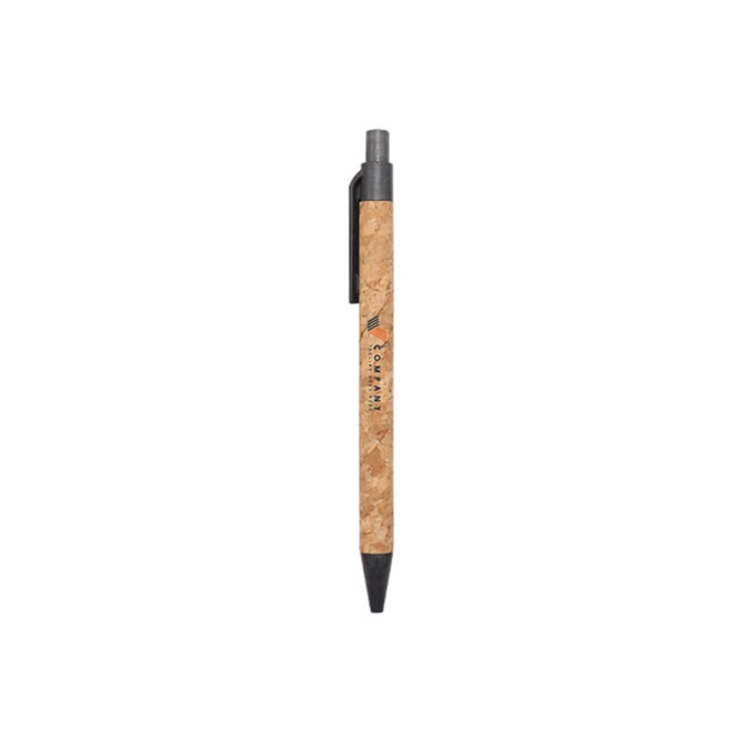 A cork pen with a grey click mechanism and black nib, featuring a logo on the barrel. A cork pen with a grey click mechanism and black nib, featuring a logo on the barrel.