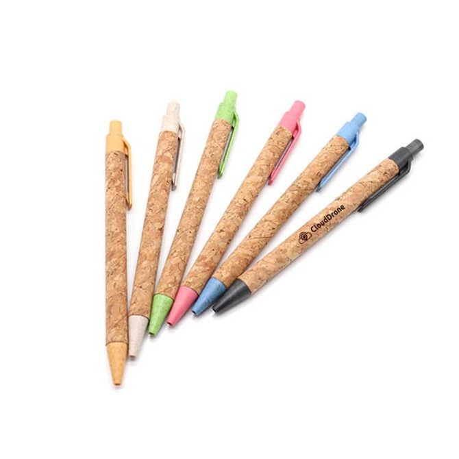 Eco Cork Pens in various colours: orange, green, blue, pink, black, and white, featuring branding and a cork barrel. Eco Cork Pens in various colours: orange, green, blue, pink, black, and white, featuring branding and a cork barrel.