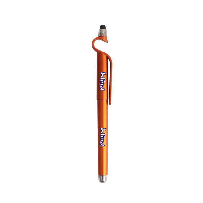 An orange stylus ball pen with a mobile holder and a logo. The pen features a shiny metallic finish.