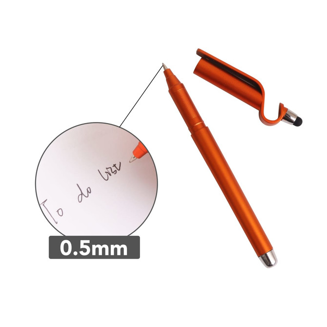 An orange stylus ball pen with a mobile holder and a fine 0.5mm tip, featuring a logo on the clip.