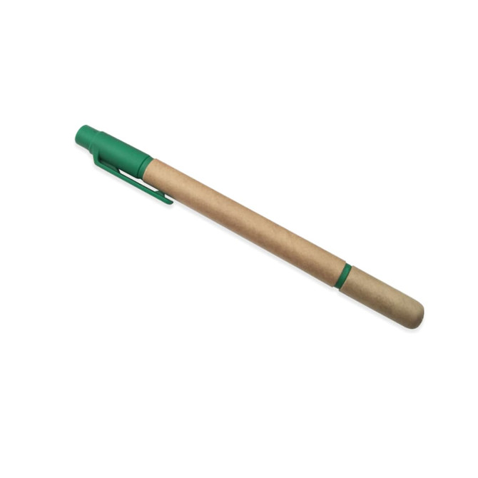 A highlighter with a green cap and clip, featuring a brown paper tube body. It includes a logo. A highlighter with a green cap and clip, featuring a brown paper tube body. It includes a logo.