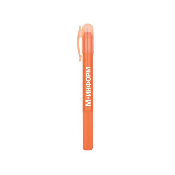 An orange highlighter crayon with a clear cap and textured grip, featuring a logo on the body. An orange highlighter crayon with a clear cap and textured grip, featuring a logo on the body.