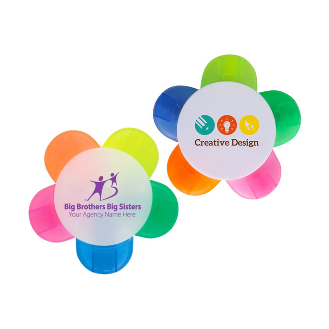 A flower-shaped highlighter with five petals in pink, yellow, green, orange, and blue, featuring a logo on one side.