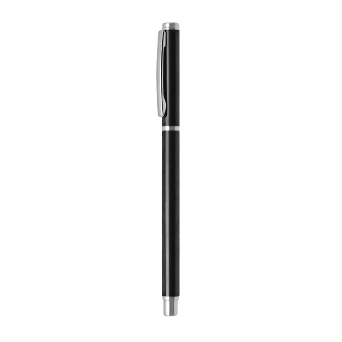 A black aluminium gel pen with a silver clip, featuring a sleek design and a logo on the barrel.