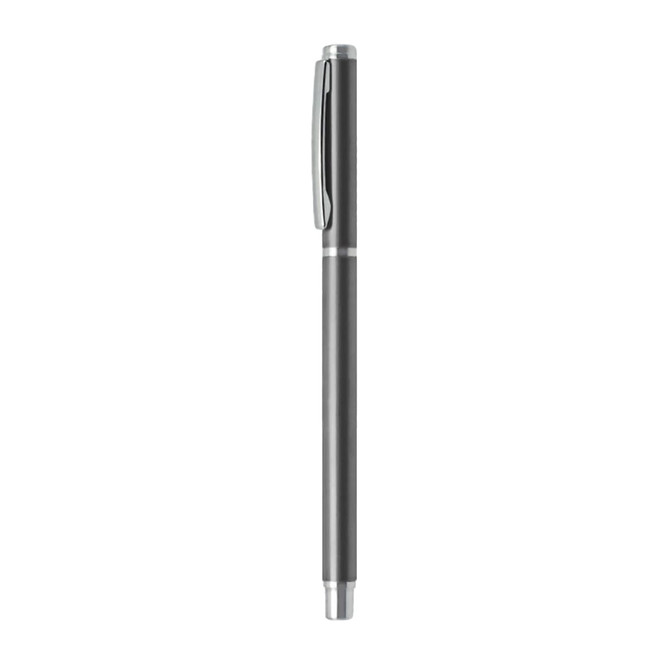 A sleek black aluminium gel pen with a silver accent and a clip. The pen features a smooth, minimalist design.