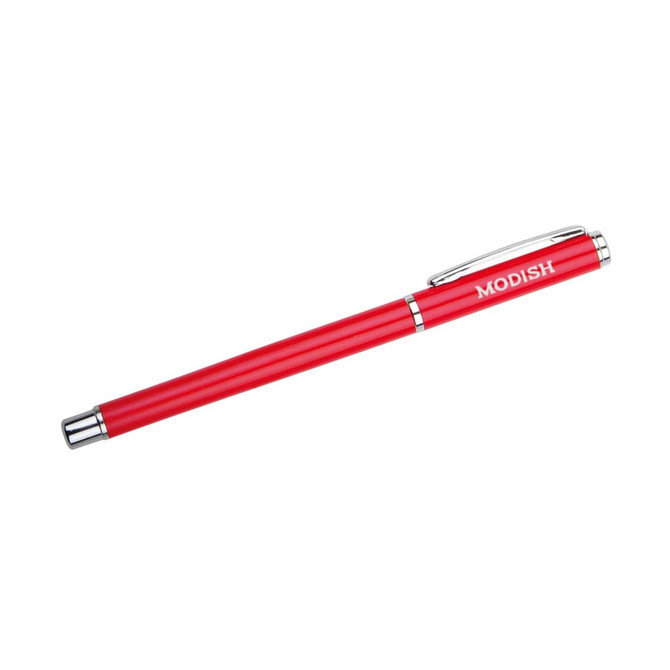A red aluminum gel pen with a silver clip and a branding logo.