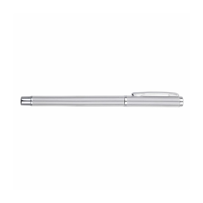 A silver aluminium gel pen with a sleek design and a clip for easy attachment. Features a minimalistic style.