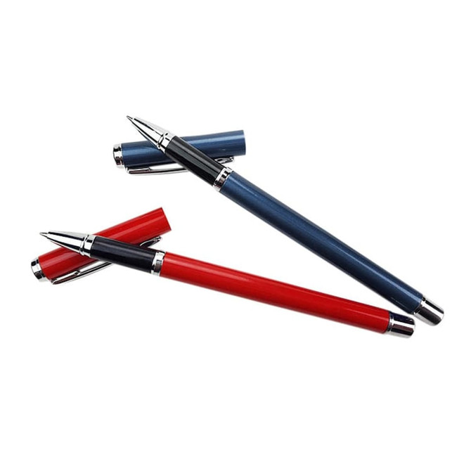 Two metal pens in red and blue, featuring chrome accents and a logo on the barrel.