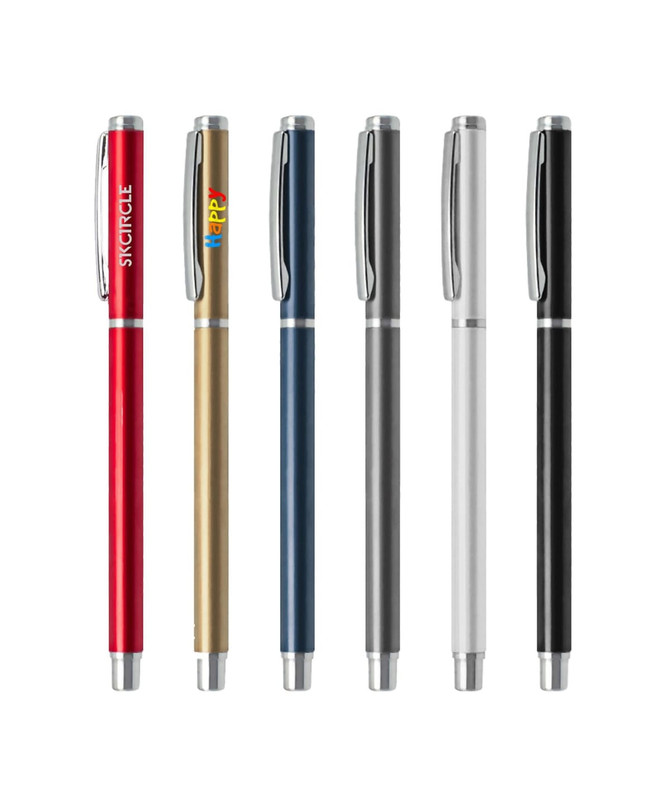 A selection of six aluminium gel pens in red, gold, blue, grey, silver, and black, featuring various designs and logos.