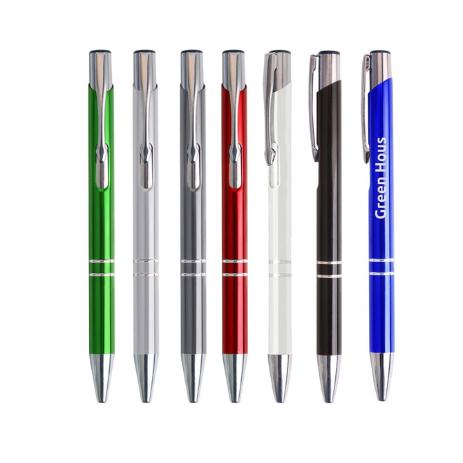 A set of eight aluminium click pens in green, silver, red, black, white, and blue, featuring a logo on one pen.