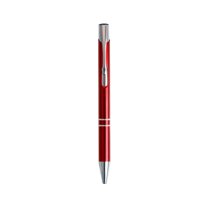 A red aluminium click pen with chrome accents and a clip. The pen features a sleek, modern design.