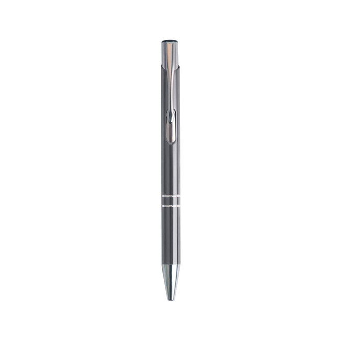A metallic silver aluminium click pen with a clip and a shiny finish, featuring a logo.