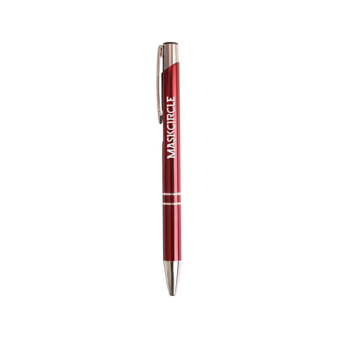 A red aluminum click pen with a silver trim and a logo on the barrel.