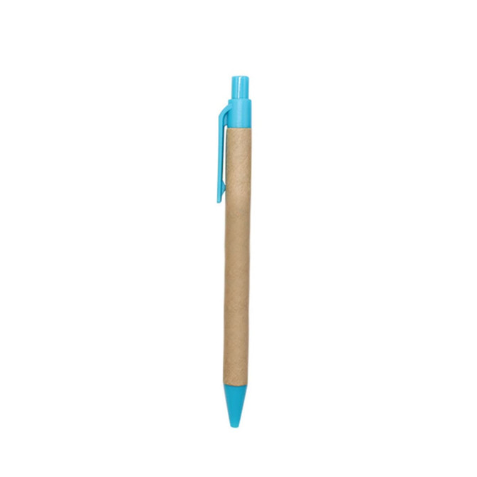 A Kraft paper pen featuring a blue plastic tip and clip. The pen has a natural brown kraft paper barrel.