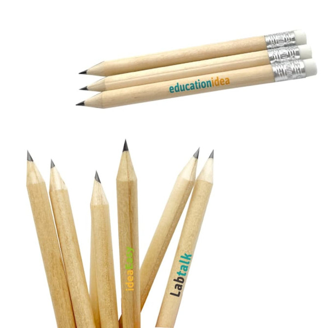 Short pencils with erasers, featuring natural wood finish and grey lead tips, with some displaying branding.