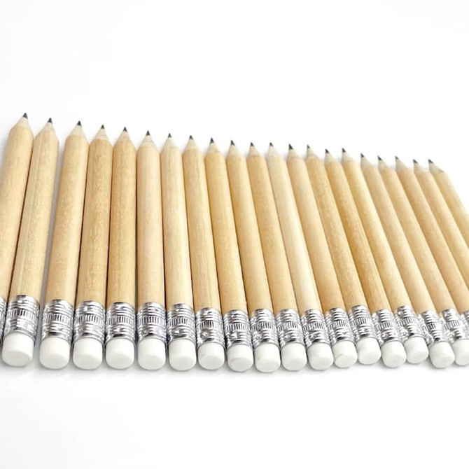 A collection of short grey-lead pencils with silver ferrules and white erasers, arranged in a row on a white background.