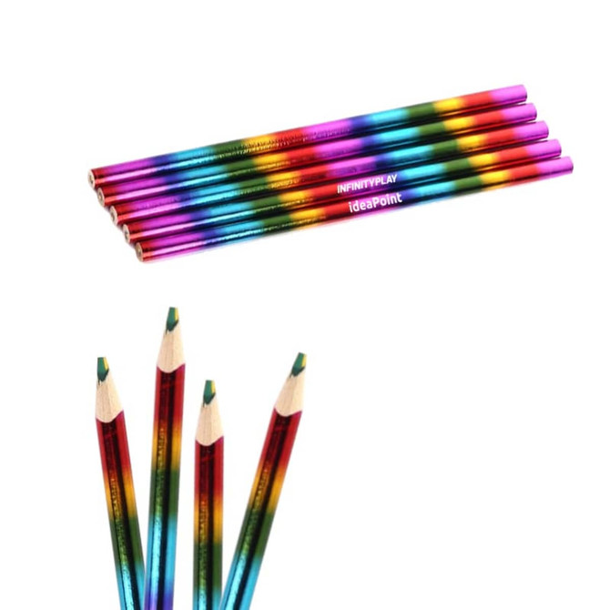 A set of seven long, multi-coloured pencils with pointed tips and a shiny finish, featuring a logo.