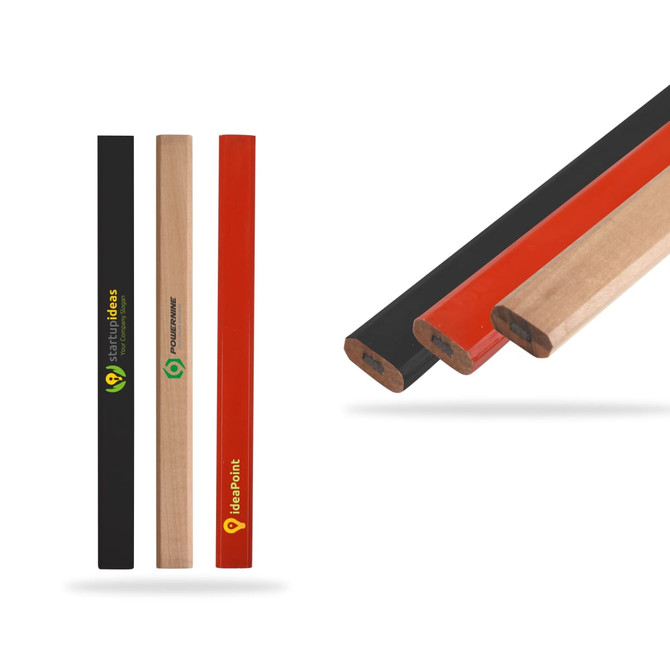 Three grey-lead pencils in black, red, and natural wood finish, with branding on the black and red pencils.