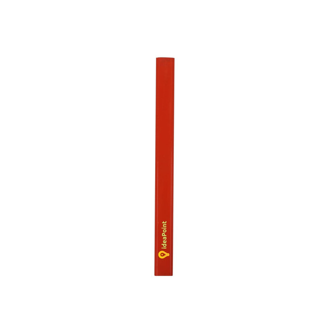 A grey-lead pencil in a vibrant red colour, featuring a logo on its side.