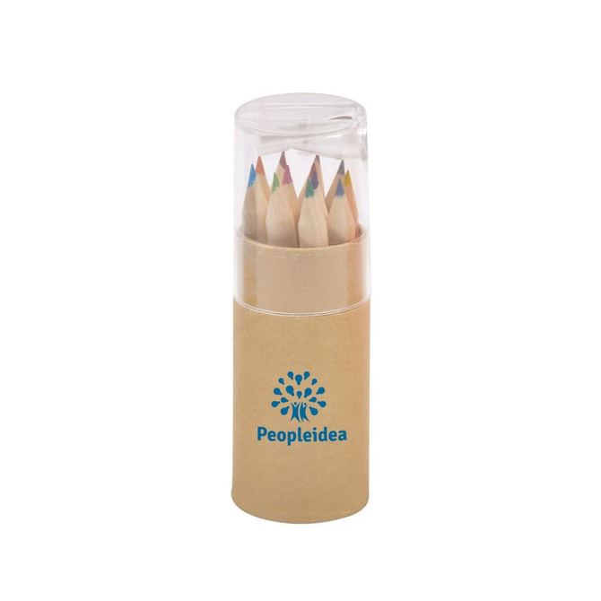 A set of coloured pencils in a transparent cylindrical case with a cardboard base and a logo.