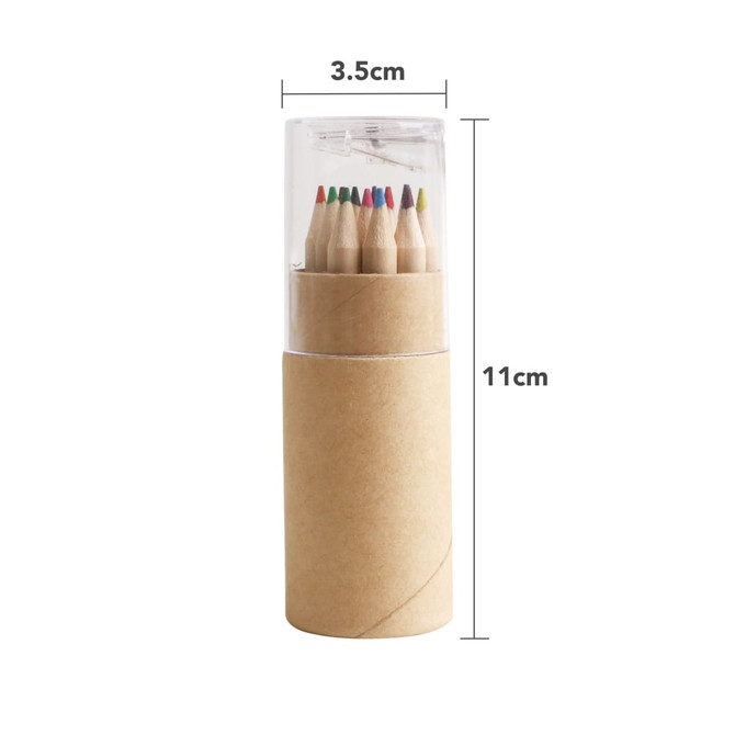 A recycled coloured pencil set in a clear container, featuring pencils in various colours, including red, green, and blue.