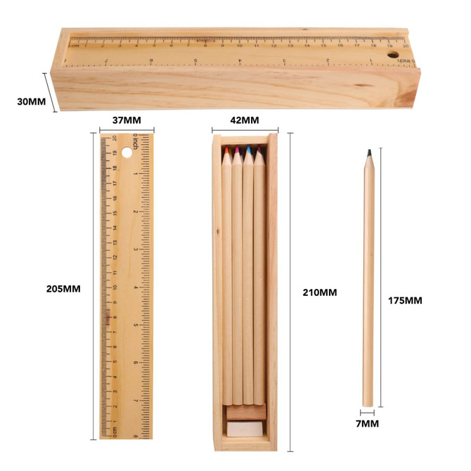 A wooden pencil set with 12 coloured pencils and a ruler, all contained in a wooden box.
