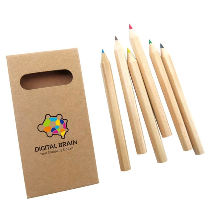 Coloured pencil set featuring five pencils in red, blue, green, brown, and yellow, packaged in a cardboard box with branding.
