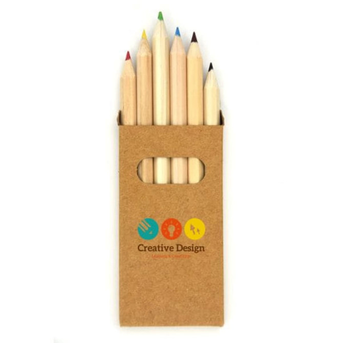 A set of six coloured pencils in a cardboard holder featuring a logo on the front. Pencils include red, blue, yellow, and green.