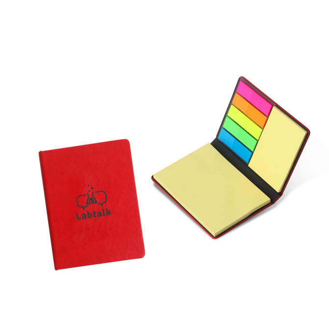 A red memo holder featuring a collection of yellow and brightly coloured sticky notes, with a logo on the front.