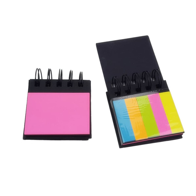 A 4-layer recycled sticky notepad with pink, yellow, and blue sections. It features a black spiral binding.