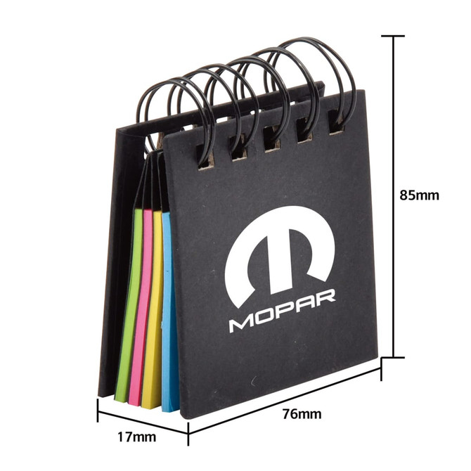 A 4-layer recycled sticky notepad in various vibrant colours, featuring a black cover and rings for binding.
