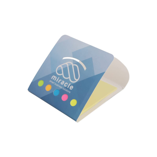 A sticky note pad with a transparent cover, featuring yellow notes and coloured flags, along with a logo.