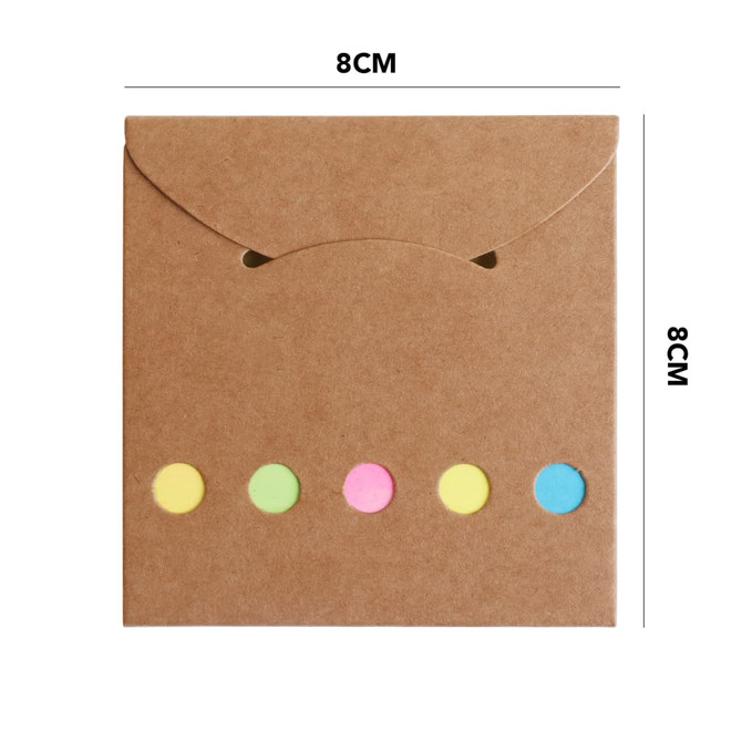 A brown envelope with five coloured round sticky notes attached at the front, measuring 8cm by 8cm.