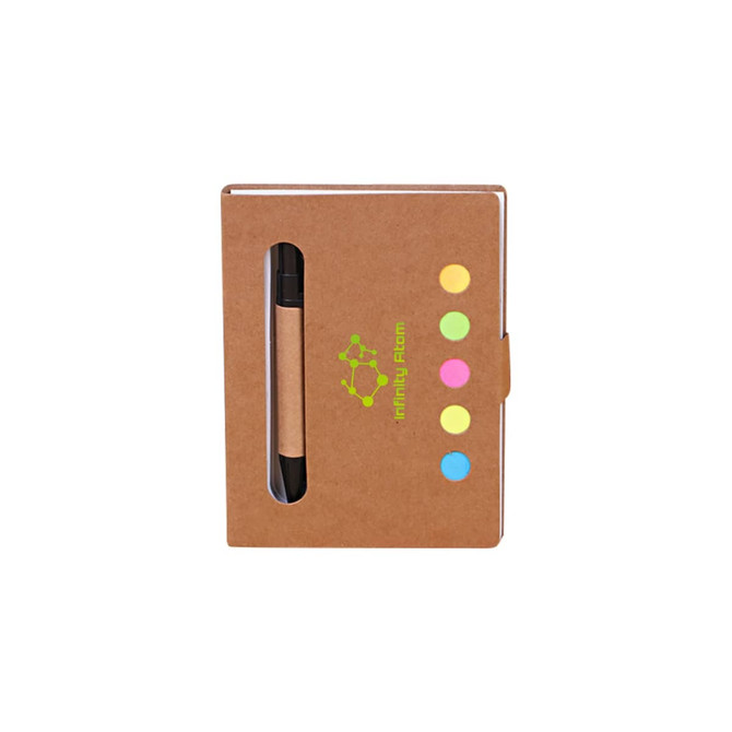 A brown sticky notes holder with a pen and brightly coloured sticky flags inside. It features a logo on the front.