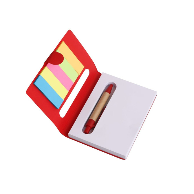 A red and white sticky notes holder featuring vibrant multi-coloured sticky notes and a marker.