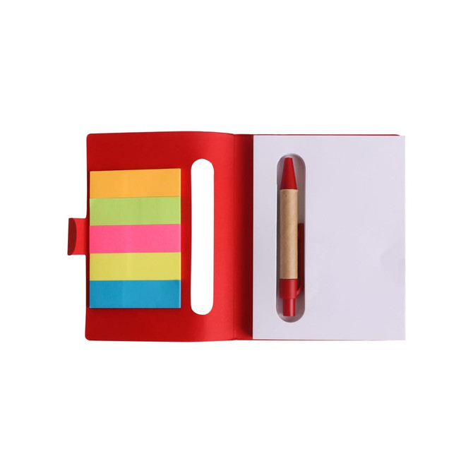 A red sticky notes holder featuring colourful sticky notes and a pen, with a cut-out for easy access.