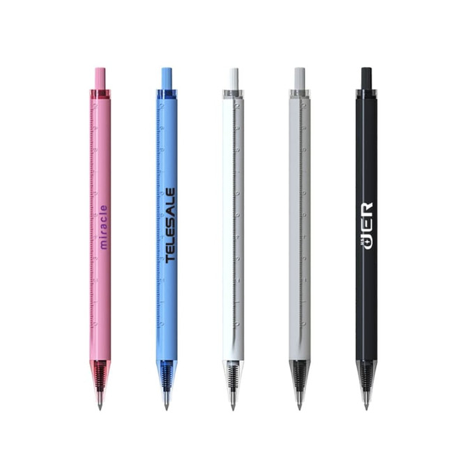 Five plastic pens in pink, light blue, white, and black, featuring a ruler design along the barrel. Each pen has a logo.