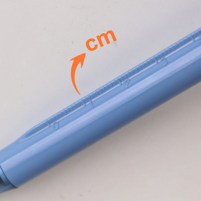 A blue plastic pen featuring a ruler along its barrel, with a logo visible.