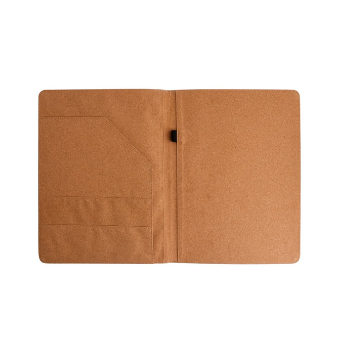 A4 cork folder featuring a textured tan exterior, an inner pocket, and a sleek, minimalistic design.