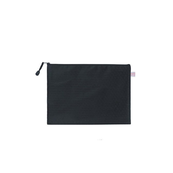 A black Zip Bag featuring a textured surface and a zip closure, ideal for carrying laptops and accessories.
