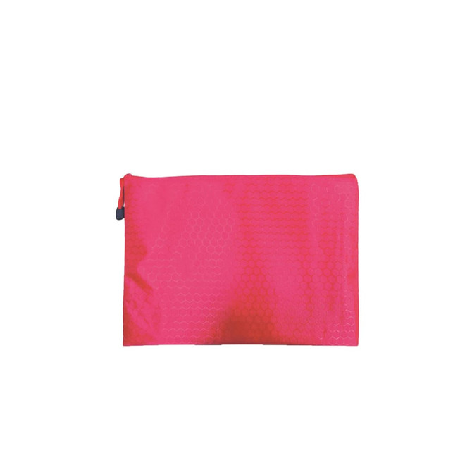 A bright pink zip bag with a textured hexagonal pattern and a zip closure, featuring a small branding logo.