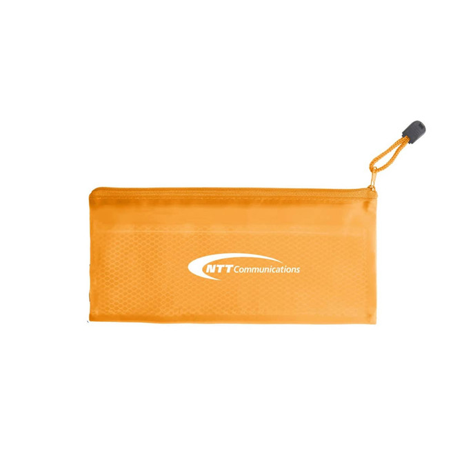 An orange zippered pouch with a logo, suitable for toiletries and accessories.