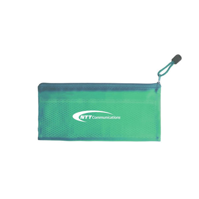 A teal zippered pouch with a mesh section and a logo, ideal for storing toiletries and accessories.
